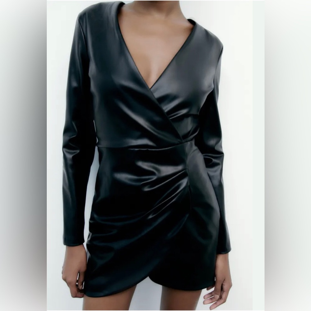 Zara - Black Faux Leather Draped Dress
